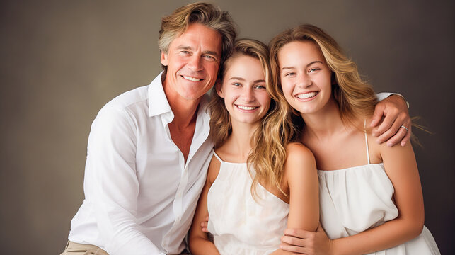 A happy father with his daughters in white clothes is photographed in the studio.