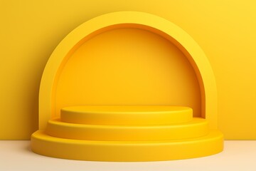 3D render of a geometric product podium with a rounded yellow backing. Generative AI