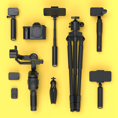 Fototapeta premium Top view of monochrome designer workspace and photography gear on yellow