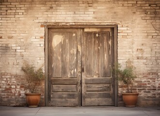 Fototapeta na wymiar old wooden door in old wall with pots of plant