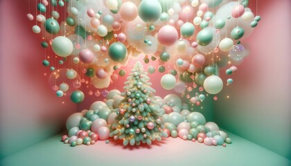 Amidst a room filled with levitating soap bubbles and colorful ornaments, a majestic christmas tree adorned with sparkling lights and balls captures the whimsical essence of the holiday season