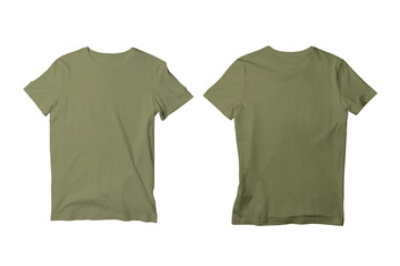 Blank Military Green Isolated Unisex Crew Neck Short Sleeve T-Shirt Front and Back View Mockup Template