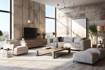 Naklejka na ściany i meble Modern living room in loft design with grey sofa and tv on the wall and coffee table. AI generated