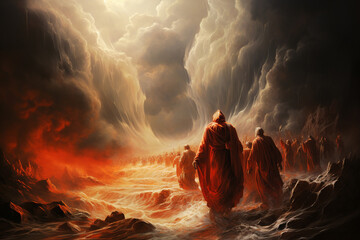 Exodus of the bible, Moses splits the red sea and crosses with the Israelites the water, escape from the Egyptians - obrazy, fototapety, plakaty