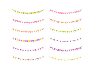 Set of colourful bunting flags. Festive decorations. Vector illustration. 