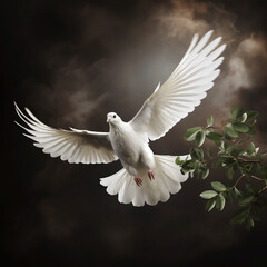 Dove Carrying Olive Branch Flying Over Earth, AI Generated