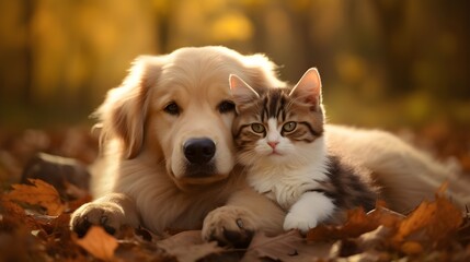Le chien, animal de compagnie se décline en diverses races, dont le joli chiot Golden Retriever, au pelage blanc et au caractère câlin. Cet ami fidèle, mammifère, fait souvent bon ménage avec un chat.