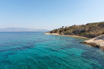 Plati - small island with church of Agios Nikolaos, Kos, Dodecanese, Greece, with beautiful bay...