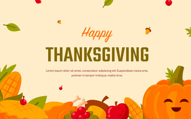 Flat horizontal banner template for thanksgiving with food and text