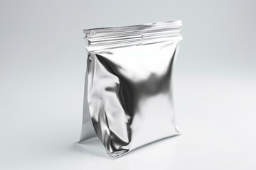Metallic pouch packaging on white background. Generative AI
