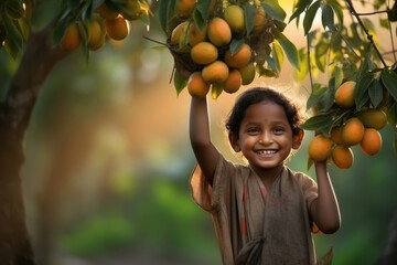 indian cute little girl with mango fruit - obrazy, fototapety, plakaty