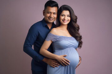indian pregnant woman with husband - obrazy, fototapety, plakaty
