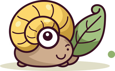 Cute cartoon snail with leaves. Vector illustration isolated on white background.