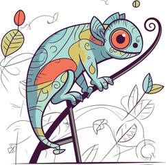 Obraz premium Cute chameleon on the tree branch. Vector illustration.