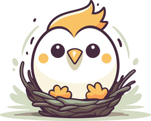 Cute chicken in the nest. Vector illustration on white background.