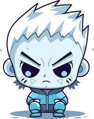 Cute cartoon little boy with angry facial expression. Vector illustration.