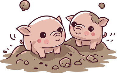 Illustration of two cute pigs in the mud on a white background