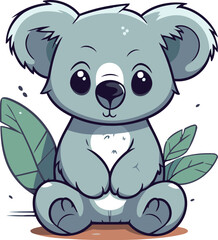 Cute cartoon koala sitting on ground with leaves. Vector illustration.