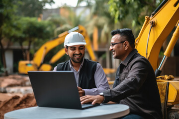 Two indian engineers checking information on a laptop.