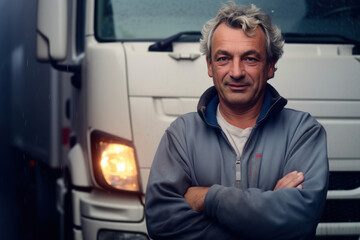 chauffeur routier qui pose devant son camion semi remorque - obrazy, fototapety, plakaty