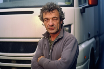 chauffeur routier qui pose devant son camion semi remorque - obrazy, fototapety, plakaty