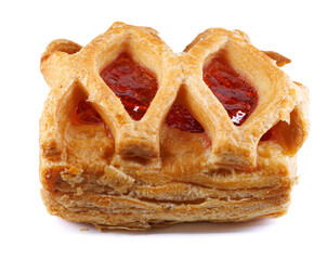 Puff pastry pastry with lingonberry jam isolated on a white background. Cookies with lingonberry...