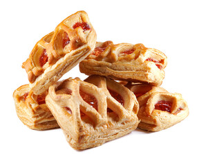 Puff pastry pastry with lingonberry jam isolated on a white background. Cookies with lingonberry...