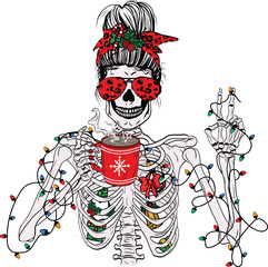Christmas Messy Bun Skeleton Drinking Coffee with peace hand. Skeleton holding a coffee cup Xmas