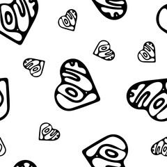 Hand Drawn Seamless Patterns with Hearts in Doodle Style. Romantic Love Digital Paper for Valentines Day. Black Hearts on White Background.