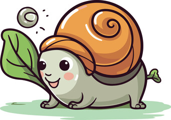 Snail and leaf. Cute cartoon character. Vector illustration.