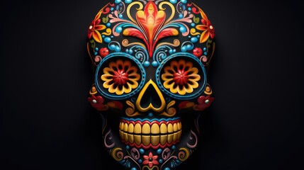 3D rendered day of the dead sugar skull with colorful pattern isolated on black background