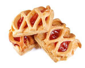 Puff pastry pastry with lingonberry jam isolated on a white background. Cookies with lingonberry...