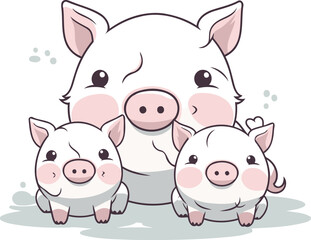 Illustration of cute pig family with three piglets. Vector illustration.