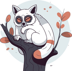 Cute cartoon lemur sitting on a tree branch. Vector illustration.