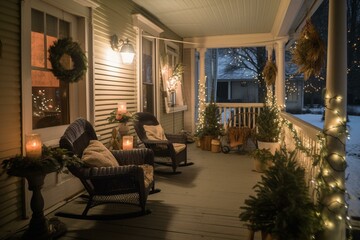 Comfortable and inviting Christmas porch. Generative AI
