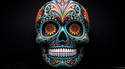 Fototapete Schädel 3D rendered day of the dead sugar skull with colorful pattern isolated on black background