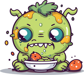 Cute cartoon zombie with a bowl of food. Vector illustration.