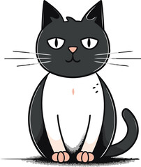 Cute cartoon black and white cat sitting on white background. Vector illustration.