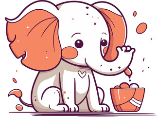 Cute cartoon elephant drinking milk from a bowl. Vector illustration.