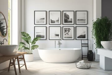 Fototapeta na wymiar Vibrant bathroom with five blank white posters and a bathtub. Generative AI