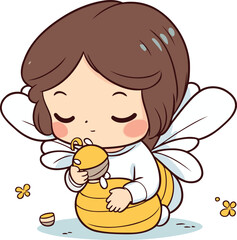 Illustration of a Little Girl Holding a Honey Bee and a Honeycomb