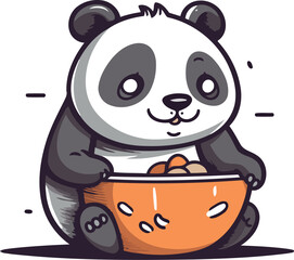 Cute panda eating a bowl of food. Vector illustration.
