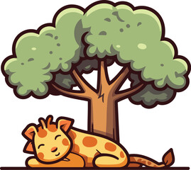 Cartoon giraffe sleeping under a tree. Vector illustration isolated on white background.