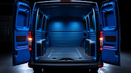 Rear view of an empty logistics truck with its trunk with open doors. Huge rear view of an empty blue van with open trunk. Generative AI - obrazy, fototapety, plakaty