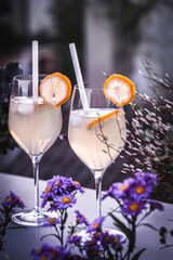 Trendy summer cold drink St Germain Spritz or Limoncello Spritz cocktail with lemon slices