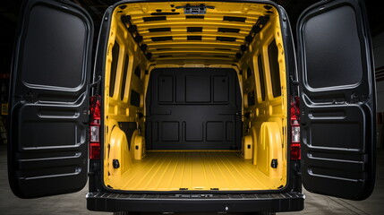 Rear view of an empty logistics truck with its trunk with open doors. Huge rear view of an empty yellow van with open trunk. Generative AI