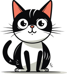 Cute cartoon black and white cat with big eyes. Vector illustration.