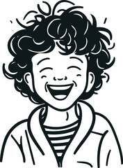 Vector black and white illustration of a smiling boy with curly hair.