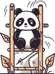 Cute panda bear sitting on ladder. Vector illustration in cartoon style.