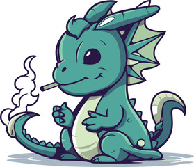 Cartoon dragon with smoking cigarette. Vector illustration. Isolated on white background.